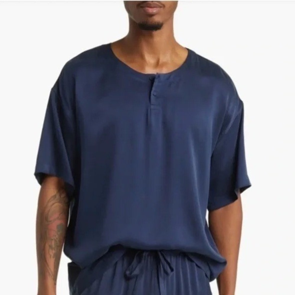 Lunya Lahgo Silk Henley Pajama‎ Top Navy Blue Mens XXL 100% Silk Loungewear